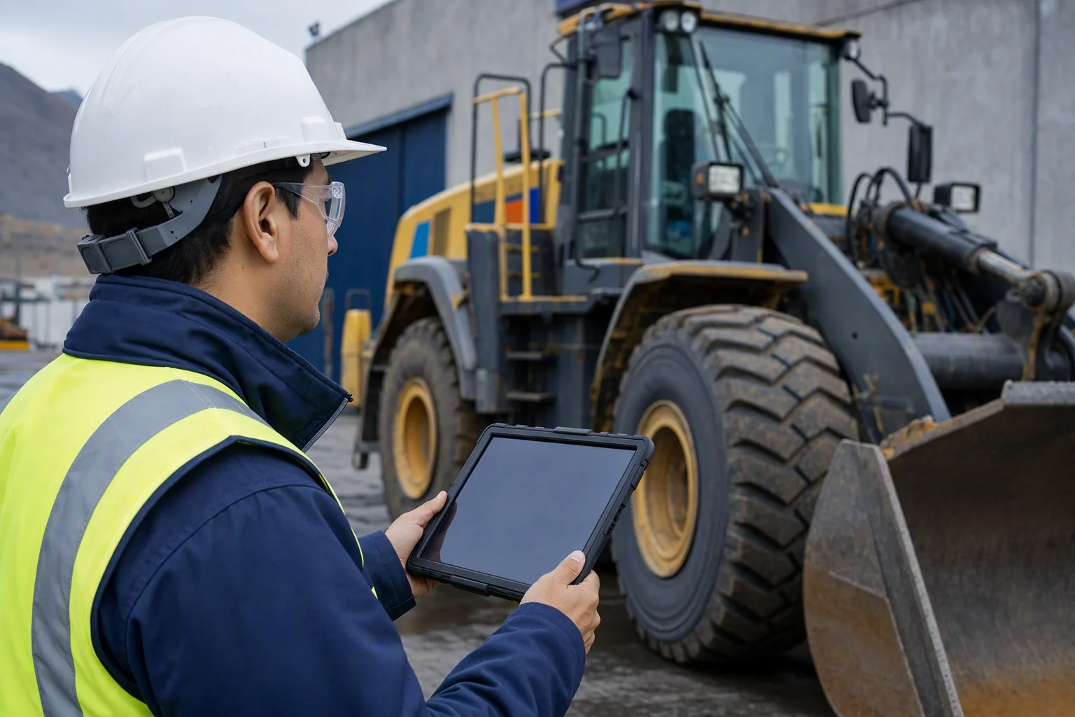 Técnico de mantenimiento usando una tablet junto a un equipo industrial