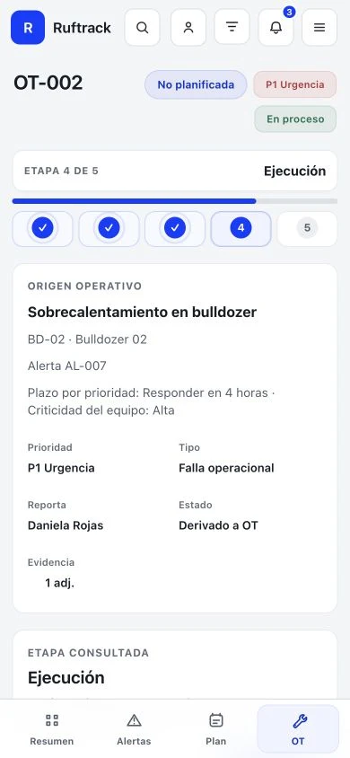 Seguimiento de una orden desde el móvil. Vista real de RüfTrack con datos de demostración.